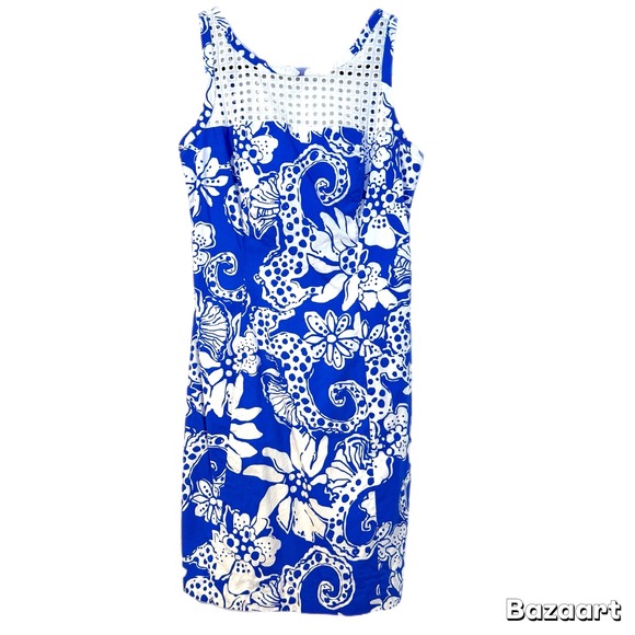 Lilly Pulitzer Marianne Shift Dress Blue & White Seahorse & Floral Eyelet Lace 2 - Picture 2 of 16